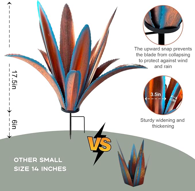 TOMBABY Enlarge Thickened Wind Resistant Iron Agave Metal Plant Country Garden Sculpture Statue Outdoor Decoration Agave Metal Plant Courtyard Garden Lawn Ornament Gift (2, 12 Leaves Blue)