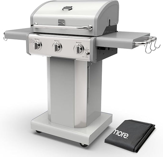 Kenmore 3-Burner Propane BBQ Grill, 30,000 BTUs Gas Grill with Cast Iron Cooking Grates, Folding Side Tables & Wheels, Outdoor Grill with Tool Hooks, Pearl White + Bonus Cover