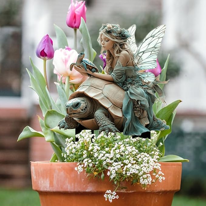 Fairy Garden Stake Decor, 2D Flat Acrylic Fairy Garden Decor Panel, Elf Yard Sign for Outdoor Indoor Yard Lawn Plants Pots, Fairy Garden Accessories (Fairy and Turtle)