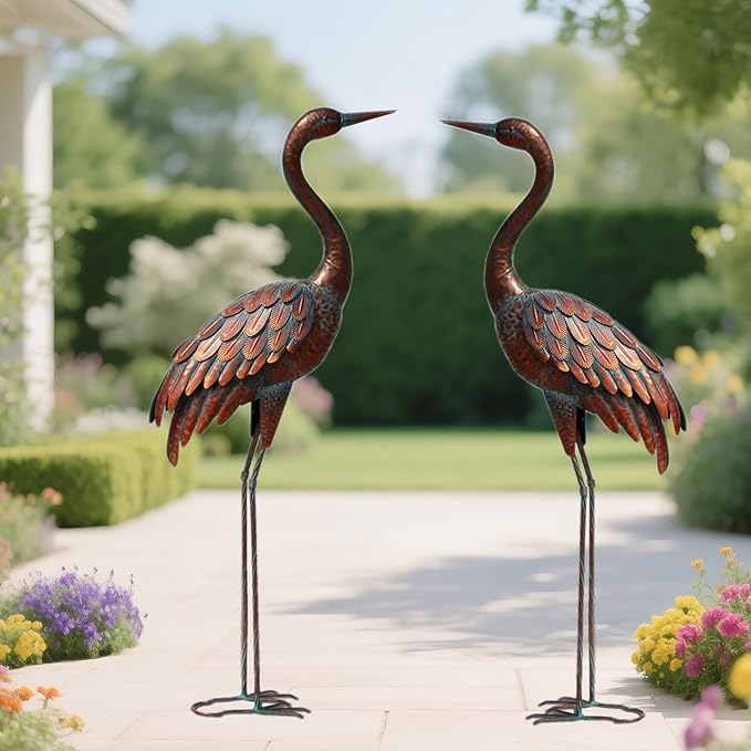 chisheen 2PCS Garden Crane Statues Outdoor Sculptures Metal Yard Art Statue for Garden Decoration Large Size Set of 2