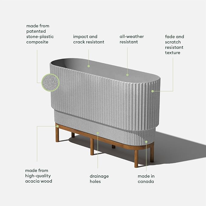 Veradek Demi Series Raised Long Planter for Indoor/Outdoor Use | Made from Plastic & Stone w/Wooden Stand | Modern Patio Décor for Flowers/Shrubs