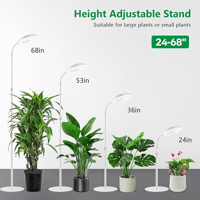 Floor Grow Lights for Indoor Plants, Full Spectrum Plant Light with 68" Stand for Growing Large Tall Plants, White Halo Grow Lamp with 6/12/16H Timer, 3 Light Modes, 5 Dimming