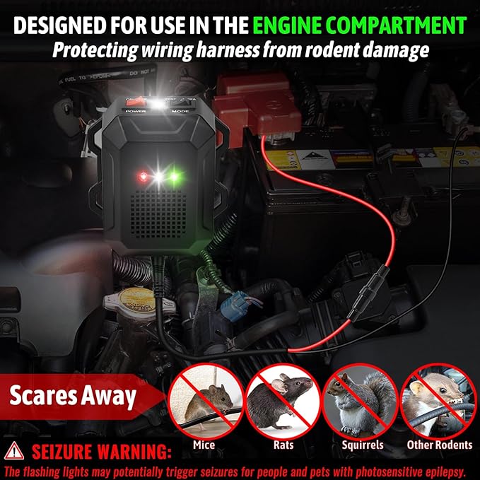 Ultrasonic Rodent Repellent for Car Engines, 12V 24V Wired Ultrasonic Mouse and Rat Deterrent with LED Strobe Lights and Remote Control – Under Hood Animal Repeller for Cars, Trucks, RVs, Vehicles