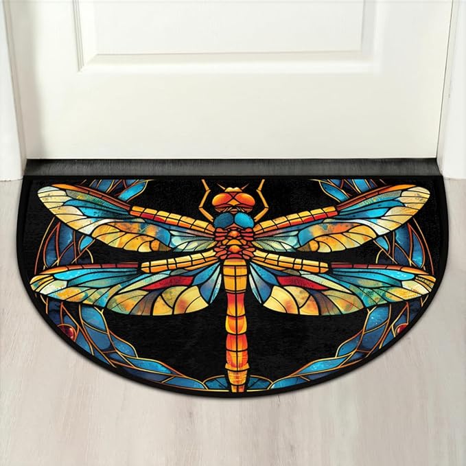 cfpolar Non-Slip Soft Half Round Door Mat, Colorful Dragonfly Semicircle Mat for Indoor Entrance Garage Bath Living Room Patio 24 x 36 in