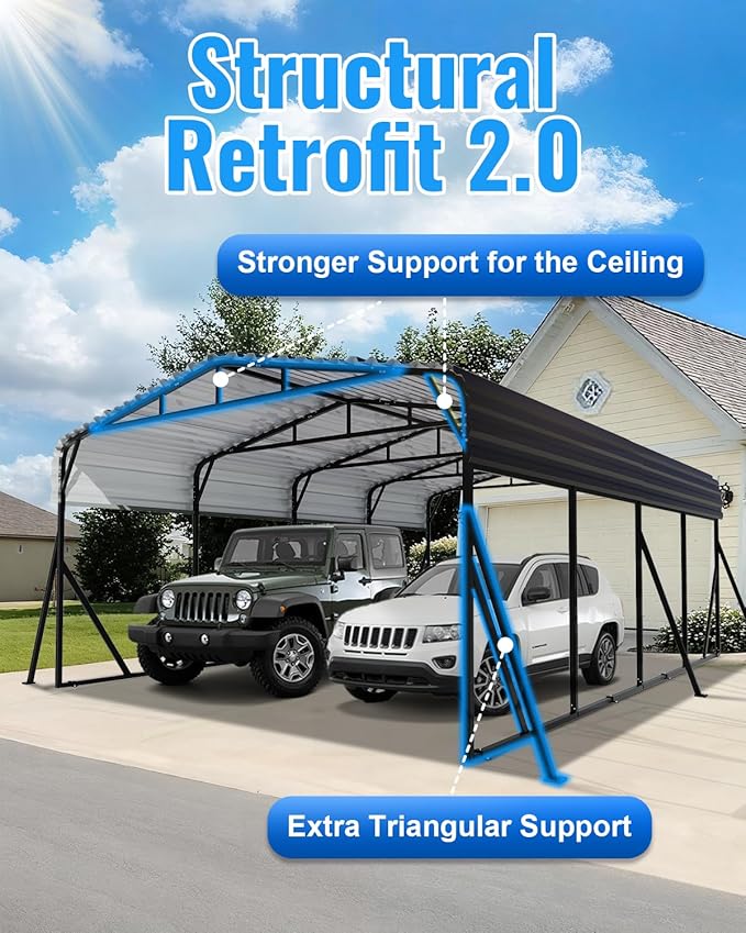2 Car Carports 20X20 Heavy Duty, Metal Carport with Reinforced Frame & Side Support Poles for All-Weather, Large Outdoor Car Port Suitable for Parking Pickup, Boat, Car, and Tractor