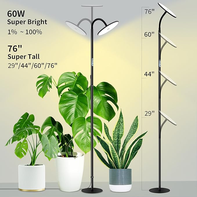 chiphy Grow Lights, 60W Full Spectrum Tall Plant Light for Indoor Plants, 10 Dimmable Brightness, Height Adjustable, Ideal for Large Tall Plants