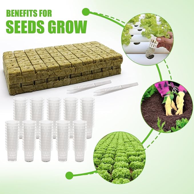 Windspeed 202Pcs Rockwool Planting Cubes Set 1 Inch, 100P Rockwool Starter Plugs with 100P 1.5 in Hydroponics Net Cup 2 Tweezers Rockwool Cubes for Hydroponics Rooting,Starting Seeds,Clone Plants
