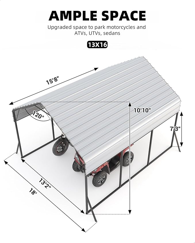 13x16x7.3 FT Metal Carport with Heavy Duty Frame, Galvanized Steel Roof & Enhanced Base Heavy Duty Car Ports for All-Weather Car Garage Shelter for Car, Truck, Pickup, SUV, Tractor, and Boat
