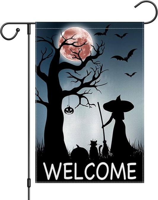 ChloropLastid Halloween Witch Garden Flags 12x18 Inch Double Sided Halloween Full Moon Night Ghost Bats Yard Garden Flags for Patio Lawn Home Outdoor Decor