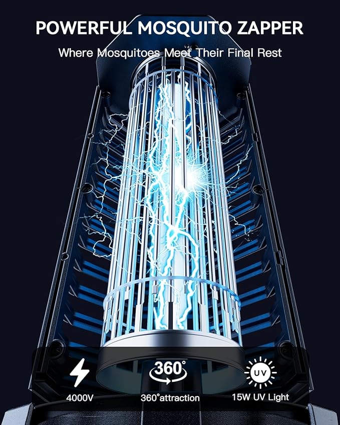 Minimoon Bug Zapper Outdoor 4000V Powerful Electric Mosquito Zapper, 15w Fly Trap Outdoor, IPX4, Corded Fly Zapper for Indoor, Yard, Backyard, Patio, Camping (Black)