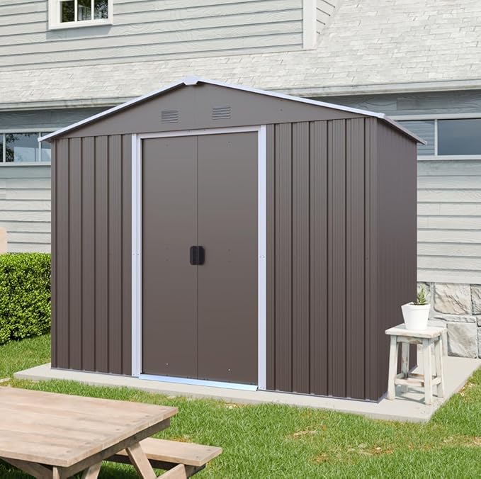 4x8 FT Outdoor Storage Shed, Metal Garden Shed with Frame Floor, Outside Tool Shed with Lockable Sliding Doors, Waterproof Storage Building with Sloped Roof for Backyard, Patio, Lawn, Warm Gray