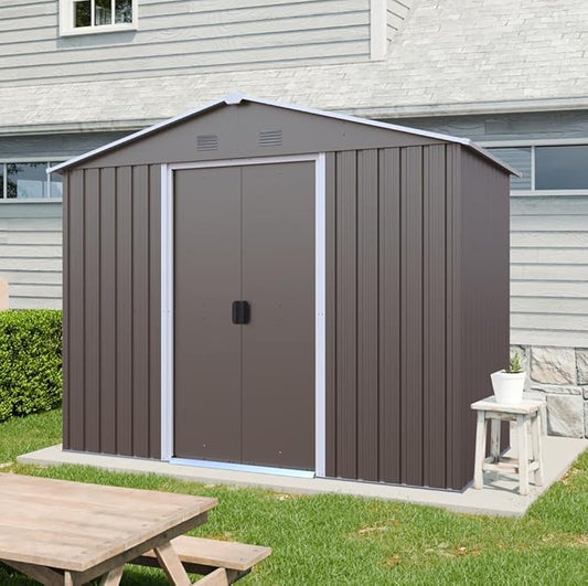 4x8 FT Outdoor Storage Shed, Metal Garden Shed with Frame Floor, Outside Tool Shed with Lockable Sliding Doors, Waterproof Storage Building with Sloped Roof for Backyard, Patio, Lawn, Warm Gray