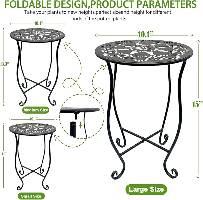 3pcs Plant Stand Small Outdoor Table,Round Black Metal Shape with Decorative Openwork Flower Pattern, Anti-Rust Wrought Iron Patio Table for Indoor Plant Stand,Porch,Balcony,Garden,Yard (Small & Medium & Large)