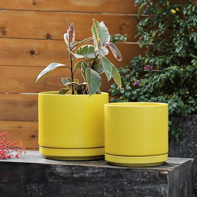 Ceramic Mid Modern Planter Pots with Detached Saucer - Indoor/Outdoor Plant Pots with Drainage Hole