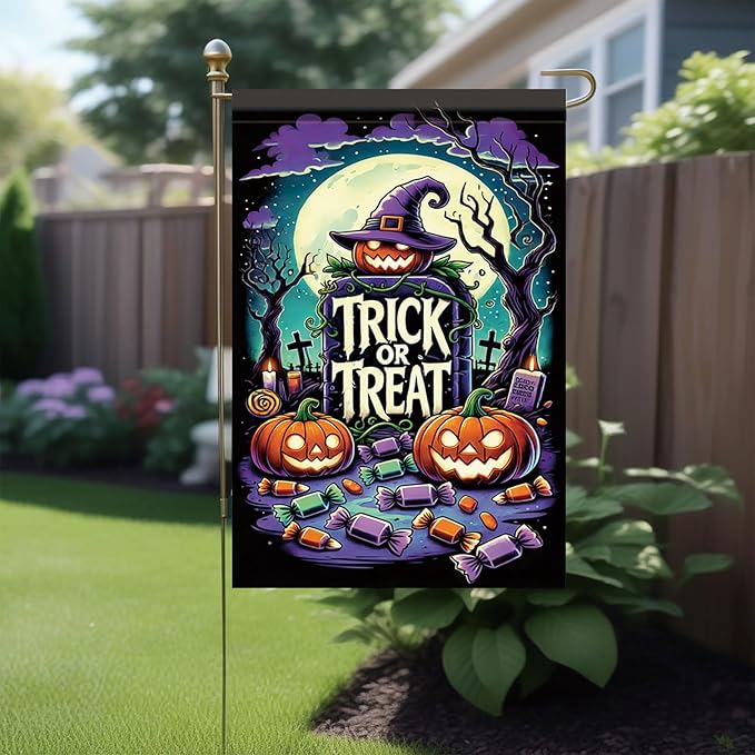 Halloween Garden Flag Pumpkin Witch Hat Trick or Treat Flag 12x18 Inch Double Sided Outdoor Yard Banner for Halloween Haunted House Spooky Decoration Decor
