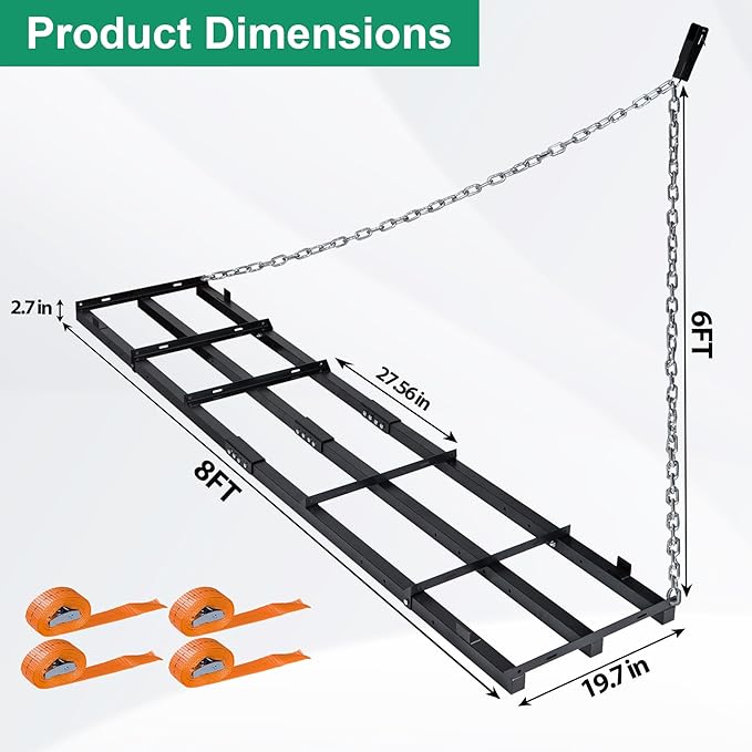 8 FT Drag Harrow Driveway Grader, Heavy Duty Power Rake w/ 6 FT Chain, Tow Behind Lawn Rake for ATV, UTV, Tractor, Mower, Land Leveler for Gravel, Sand, Soil, Hay