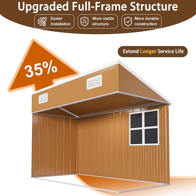 Outdoor Tool Shed 4x8 FT Heavy-Duty Metal Storage Shed with Hinged Door, Windows & Ventilation - Weather-Resistant Roof Garden Shed for Backyard, Patio, Lawn (Brown)