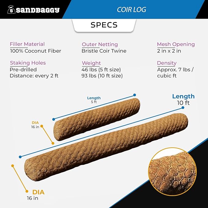 Sandbaggy Coir Fiber Log – 16" Diameter | 100% Biodegradable Erosion Control - Coconut Fiber - Slope Erosion (16" x 10 ft, 2, Count)