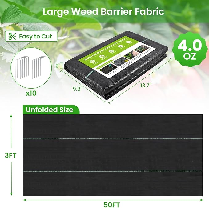 Weed Barrier Fabric, 3x50ft Landscape Fabric, 4oz Heavy Duty Durable Woven Geotextile Fabric, High Permeability Ground Cover Mat, Driveway Fabric, Garden Weed Control Cloth with 10 U-Securing Pegs