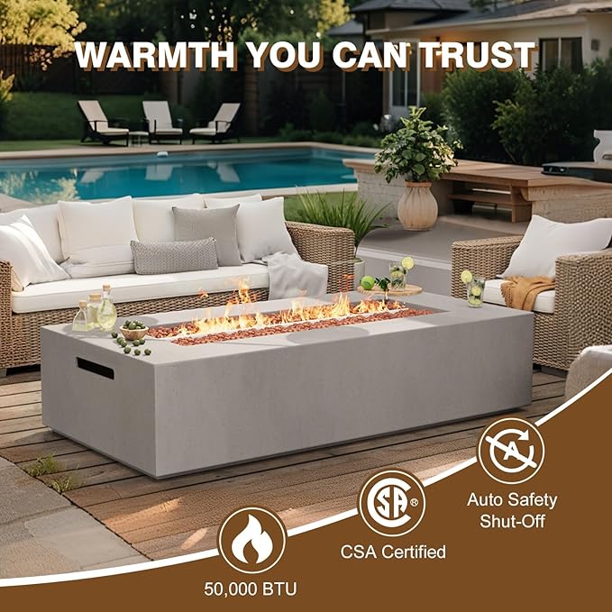 Outdoor Propane Fire Pit Table – Premium Marble-Like MgO Finish, 56-Inch Gas Fire Table for Patio, Garden & Backyard, Includes Rain Cover & Lava Rocks