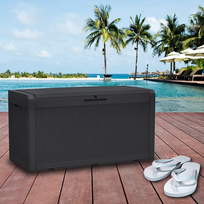 Modern-Depo 100 Gallon Polypropylene PP Deck Box Indoor Outdoor Waterproof Lockable Organization Container & Storage Bin Delivery Box with Cushion, Black