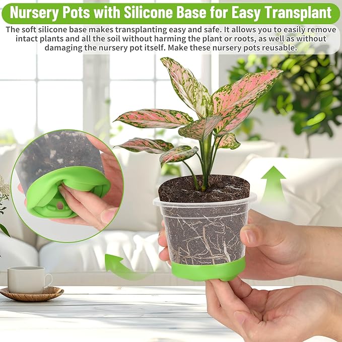 Caffox 57PCS Reusable Seed Starter Kit Includes 26 Packs 4" Clear Nursery Pots with Silicone Base, Repotting Mat, Gardening Gloves, Plant Labels and Seedling Tools for Easy Transplant