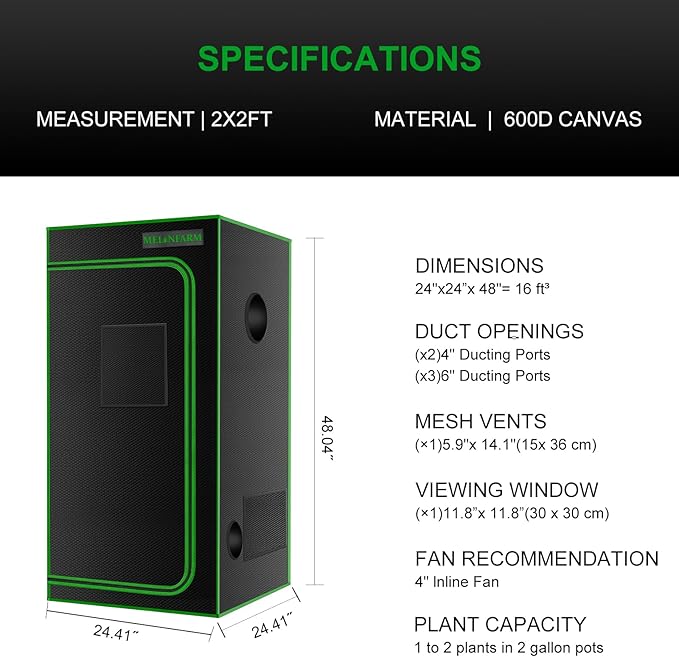 MELONFARM 2x2 Grow Tent, 24"x24"x48'' High Reflective 600D Diamond Mylar Canvas with Observation Window and Floor Tray for Hydroponic Indoor Plant Growing