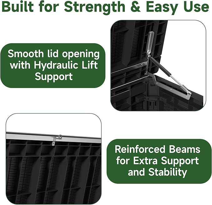 260 Gallon Outdoor Storage Box Waterproof, UV Resistant Resin Deck Box with Hydraulic Rod, Reinforced Stability for Patio, Garden, Rattan Black