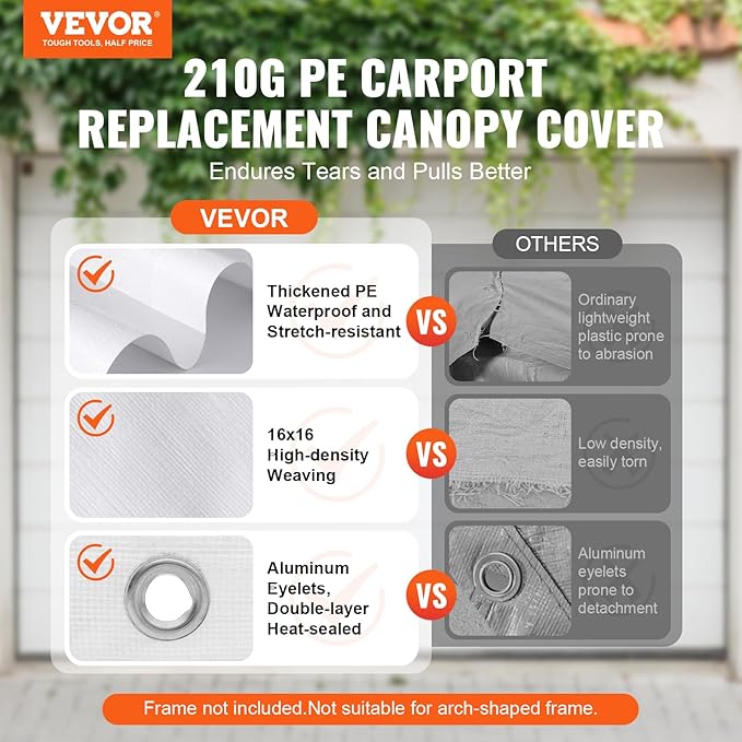 VEVOR Carport Replacement Canopy Cover 10 x 20 ft, Garage Top Tent Shelter Tarp Heavy-Duty Waterproof & UV Protected, Easy Installation with Ball Bungees,White (Only Top Cover, Frame Not Include)