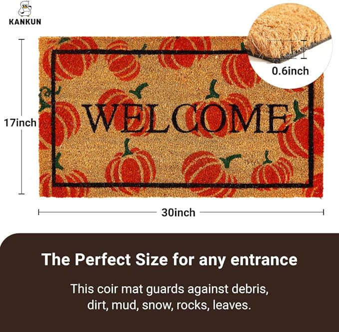 KANKUN Coco Coir Door Mat with Heavy Duty Backing, Welcome Doormat (17" x 30"), Doormat Entrance (Welcome2 - Halloween)