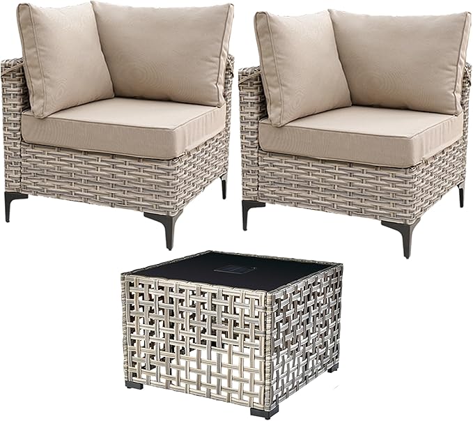 HOOOWOOO 3 Pieces Outdoor Patio Sectional Sets with 2 Single Arm End Corner Chairs and an LED Table,Beige
