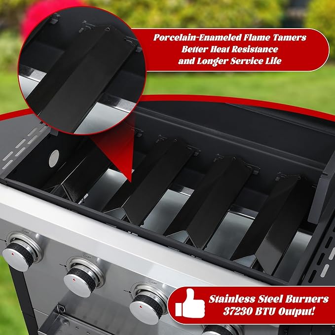 4-Burner Propane Gas Grill with 2 Foldable Side Tables, 34,200 BTU Outdoor BBQ Grill with Porcelain-Enameled Flame Tamers, Built-in Thermometer, Easy Assembly for Patio, Backyard BBQ