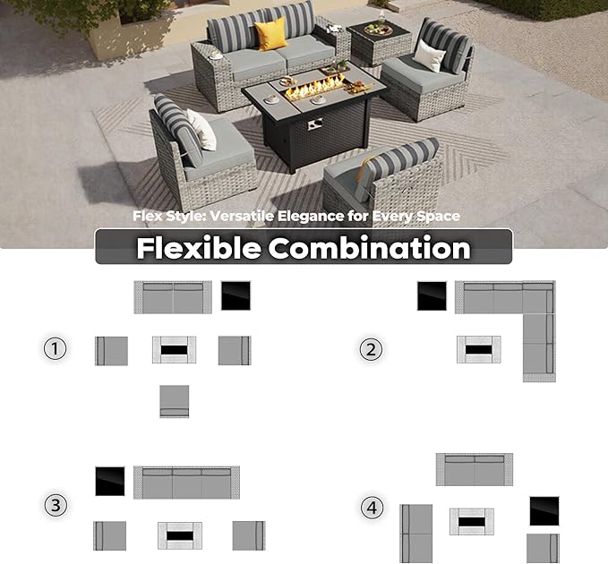 ovios 7 Pieces Patio Furniture Set, Outdoor Wicker Sectional Sofa with 42 Inch Fire Pit Table Comfy Cushions, Modern Modular Deep Seat Rattan Couch Conversation Set, Dark Gray Stripe