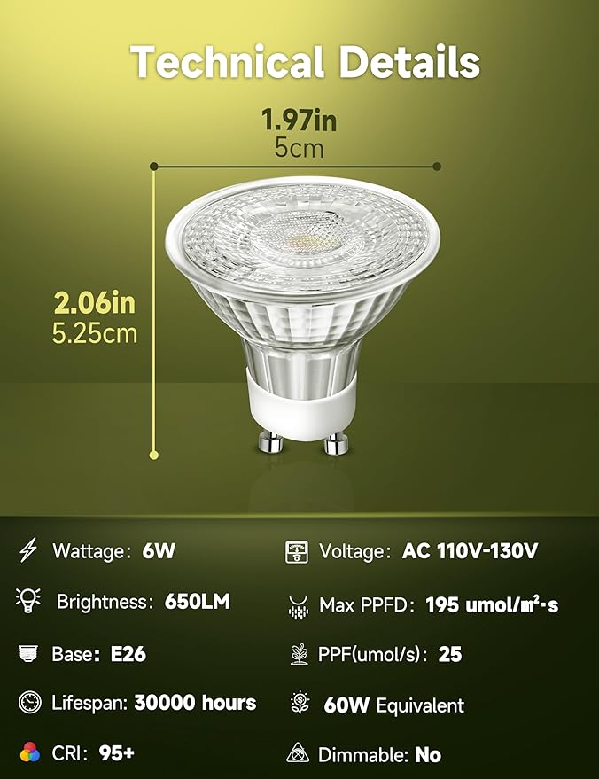 GU10 Grow Light Bulb, Full Spectrum Plant Grow Lights, Natural White 4000K Plant Light for Indoor Plants for Small Plant Pots, 6W LED Grow Light, Grow Lamp for Low Light Plants, 3 Pack