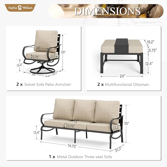 Sophia & William Patio Furniture Sets for 5 Outdoor Metal Conversation Sets 5 Pcs with 2 x Cushioned Swivel Sofa Chairs, 2 x Ottomans as Coffee Table, 1 x 3-Seat Sofa, Lawn Backyard Poolside Beige