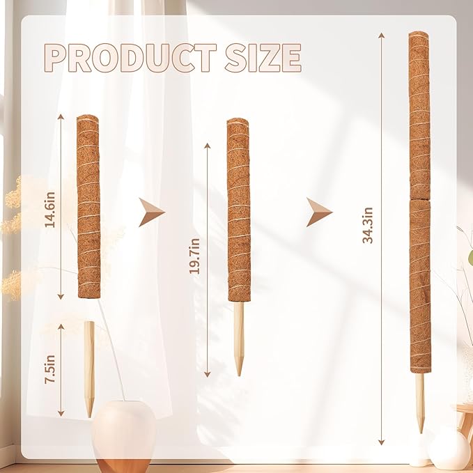 Augshy 34 Inch Moss Pole, 2 Pack 19.5 Inch Moss Poles for Climbing Plants Monstera, Moss Sticks for Indoor Plant Support Plant Stakes for Indoor Climbing Plants Grow Upwards with Garden Ties