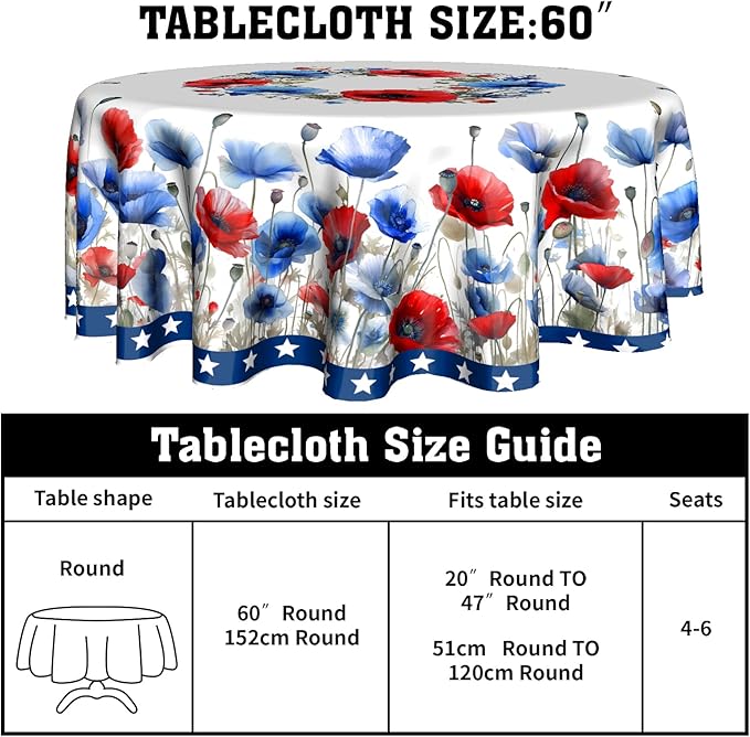 4th of July Round Tablecloth 60 Inch Patriotic Watercolor Poppy Flower Stars Kitchen Table Cloth Independence Memorial Day Heat Resistant Washable Reusable Tables Cover for Party Picnic Dinner Decor