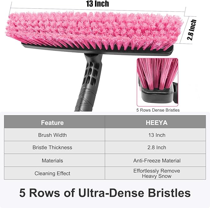 HEEYA 48 Inch Long Snow Brush for SUV, Extendable Ice Scraper and Brush with Foam Grip, 360° Pivoting Snow Car Brush for Truck Auto Jeep RV Vehicle Windshield Window - Pink