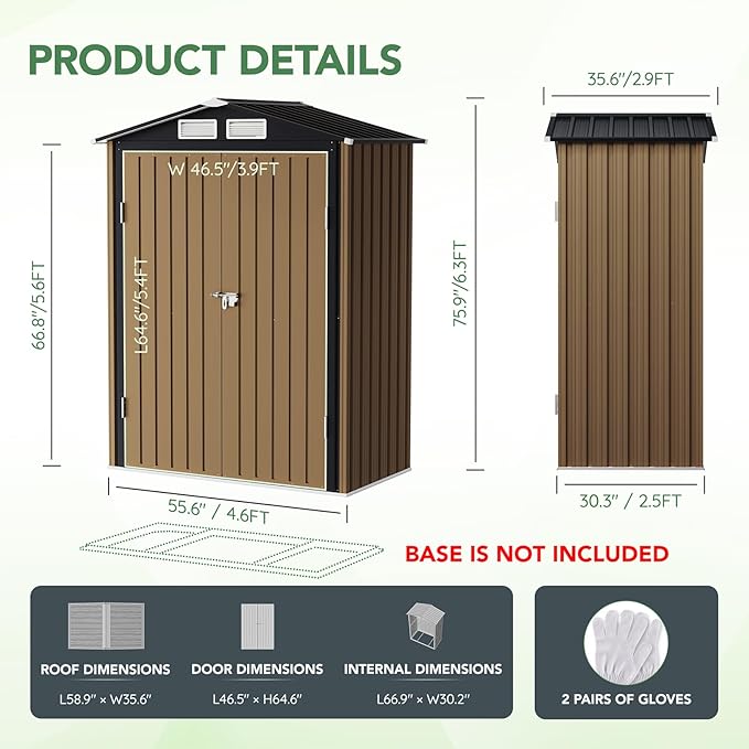 Breezz 5x3FT Outdoor Steel Storage Shed, Lockable Doors, Compact Metal Tool Shed for Garden, Backyard, Patio, Utility, and Bike Storage,Brown