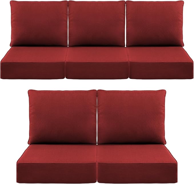 Luxury 6" Outdoor Cushions for Patio Furniture, 24x24x6 Thick Seat Cushion Set of 5, Fade Resistant Couch Chair Replacement Cushions High Density Deep Wicker Chair Cushion w/Removable Cover, Red