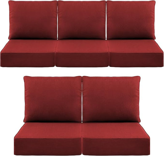 Luxury 6" Outdoor Cushions for Patio Furniture, 24x24x6 Thick Seat Cushion Set of 5, Fade Resistant Couch Chair Replacement Cushions High Density Deep Wicker Chair Cushion w/Removable Cover, Red
