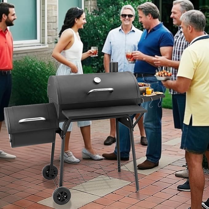 Barrel Charcoal Grill with offset smoker, 714 Square Inches Cooking Area, Outdoor BBQ Grill with Front and Side Shelf, Perfect for Backyard, Patio Parties and Picnics