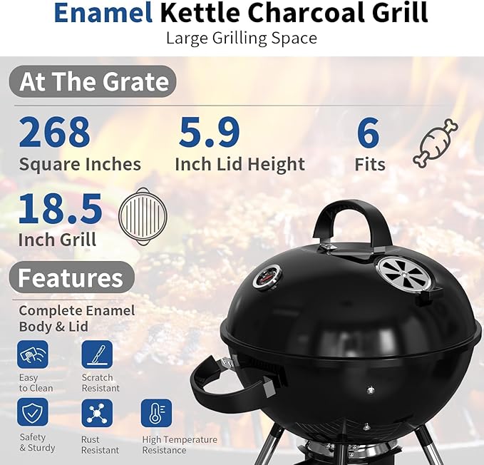 18.5-Inch Portable Charcoal Grill, Heavy Duty Kettle BBQ Smoker with Built-in Thermometer & Removable Water-Rinsable Ash Catcher for Outdoor Camping, Patio, Backyard, and Tailgating