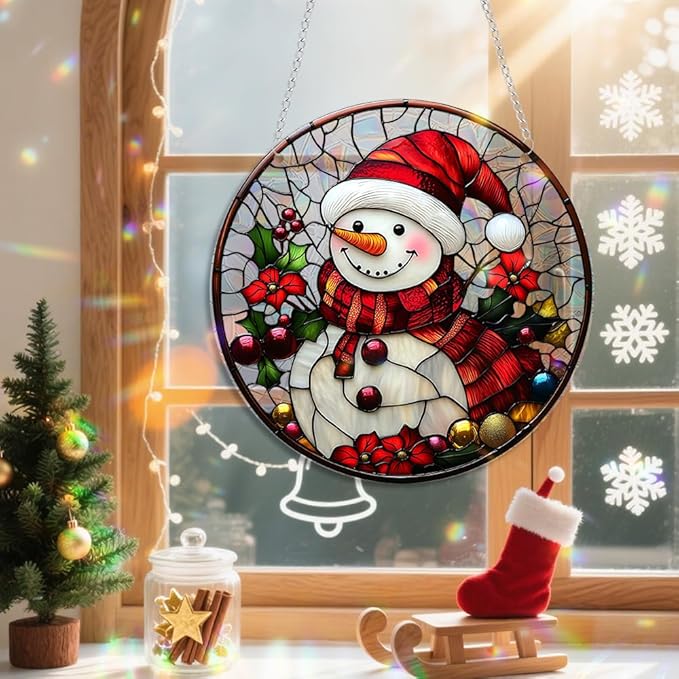 Xmas Suncatcher Window Hanging - Christmas Snowman Suncatcher for Door Terrace Garden Home Decor， Winter Rainbow Maker Birthday Gifts for Lovers Women Men Dad Mom