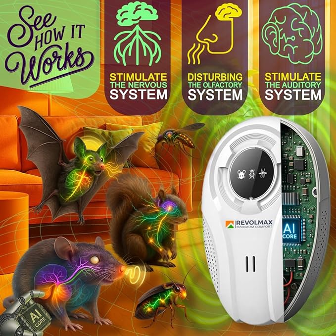 RX-78, Ultrasonic Pest Control Repeller - Electronic & Ultrasound, Indoor Plug-in Repellent - Get rid of - Rodents, Mice, Squirrels, Bats, Insects, Bed Bugs, Ants, Fleas, Spiders, Roaches (6Pack)