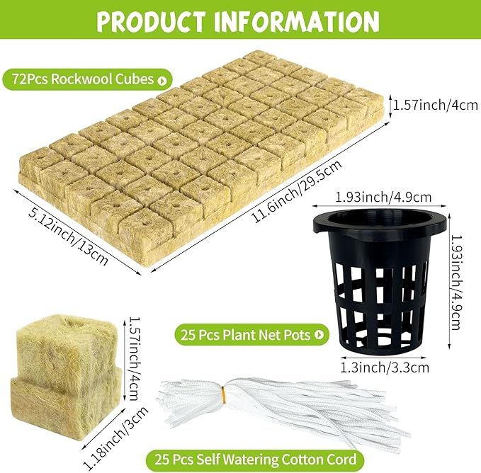 72 Pcs 1.2-Inch Rockwool Cubes with Net Cups and Self-Watering Cord for Hydroponics Great Hydroponic Kit for Cuttings Clone Plant Propagation Seed Starting Soilless Cultivation