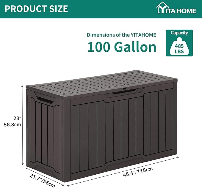 YITAHOME 100 Gallon Outdoor Storage Box, Large Water Resistant Resin Deck Box, Indoor Outdoor Lockable Storage Container for Patio, Garden, Cushions, Tools, Equipment (Dark Brown)