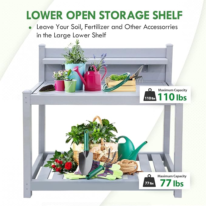 EAGLE PEAK Outdoor Indoor Maintenance Free Vinyl Garden Potting Bench, Waterproof Potting Table with Open Shelf, Lower Storage, 40inx21.6inx43.9in, Gray