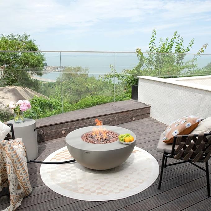 Roca Concrete Fire Pit 34" x 34" Patio Firepit Includes Lava Rocks Modern Fire Pits & Outdoor Fireplaces for Garden, Deck, Indoor & Outdoor Heating