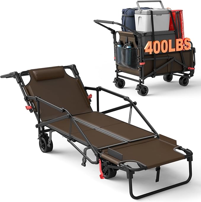 LEVELEVE Heavy Duty Folding Wagon - 2-in-1 Collapsible Cart, 400lb Capacity, All-Terrain Wheels w/Brakes & Side Pockets (Brown)